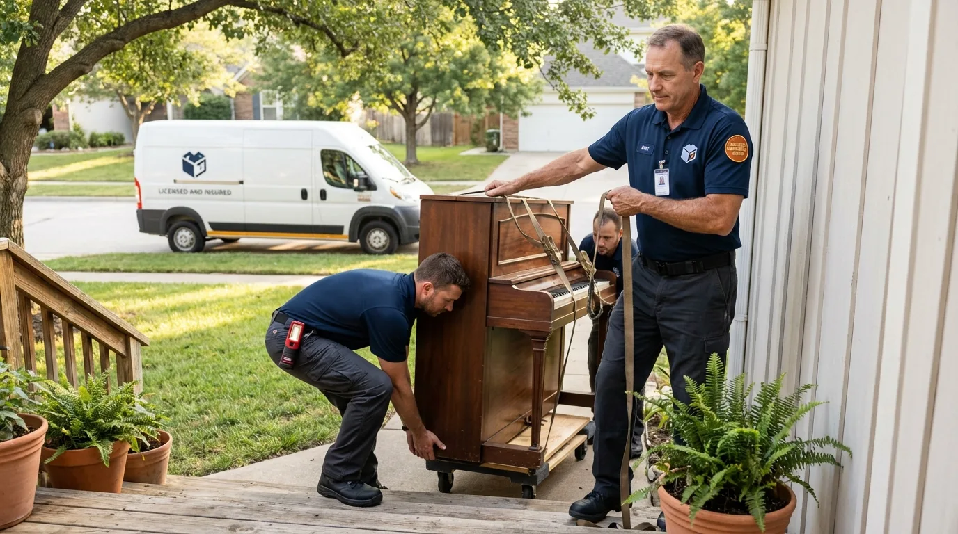 Licensed piano movers securing grand piano in Houghton, NY