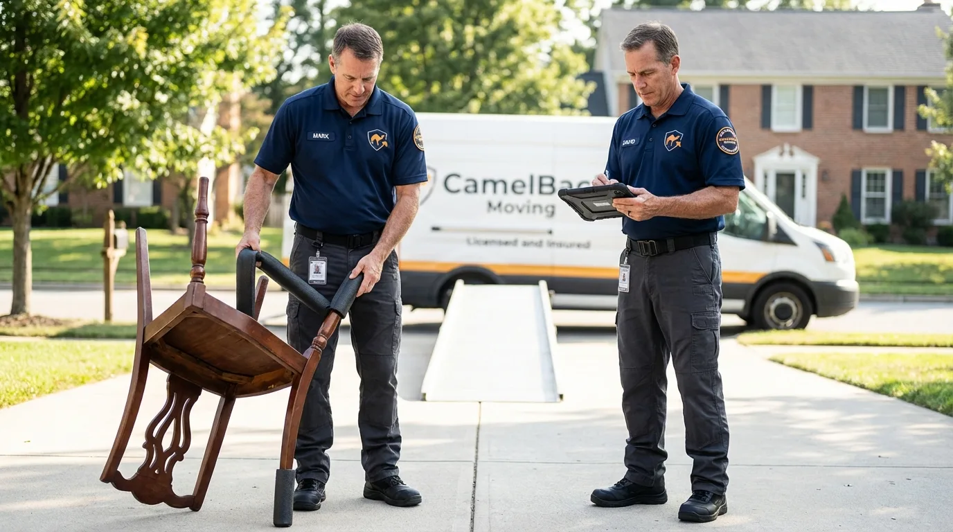 Movers inspecting furniture for damage prevention before loading in Houghton, NY