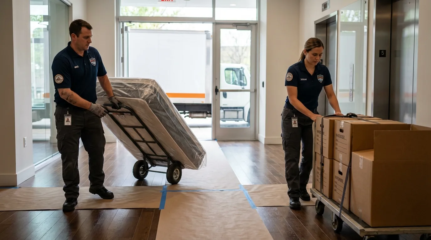 Professional apartment movers loading elevator in Houghton, NY