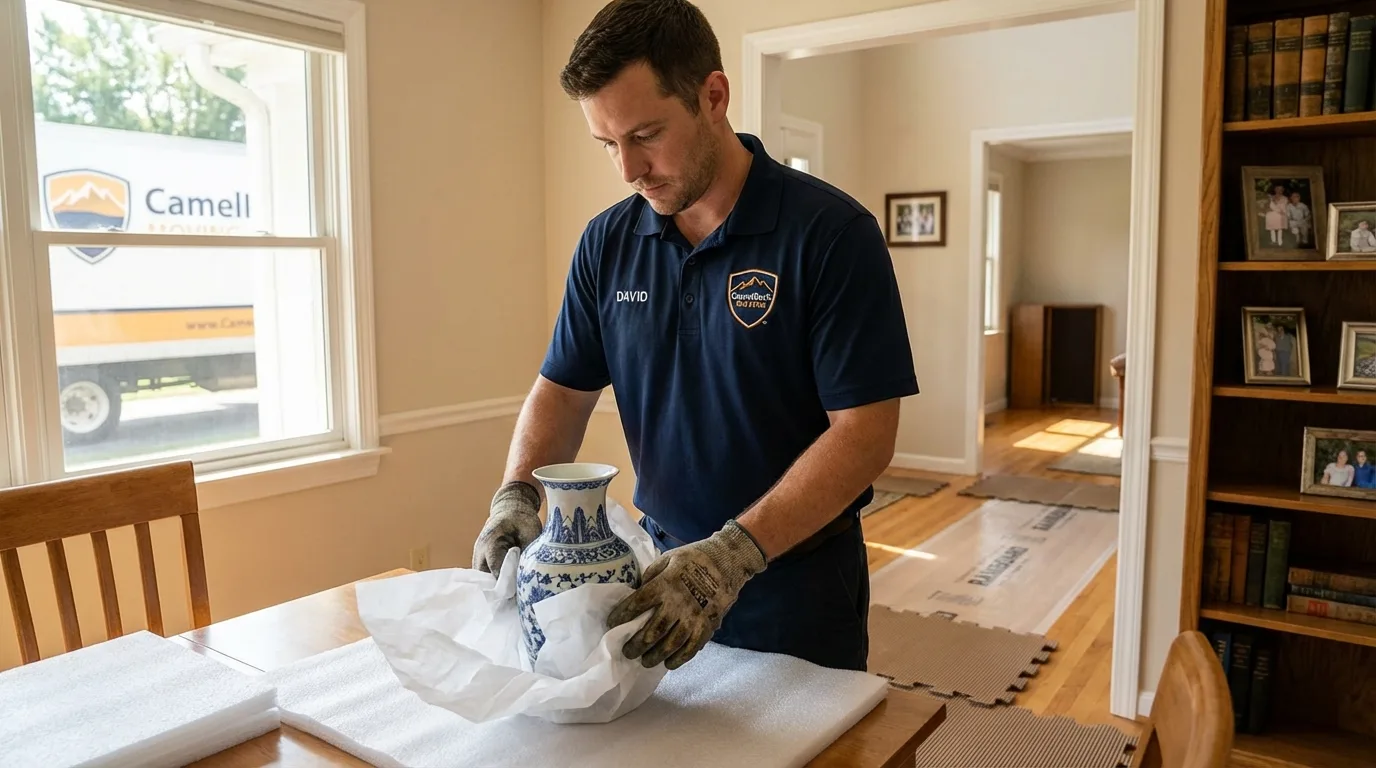 Professional crew carefully wrapping antique vase for senior downsizing move in Houghton, NY