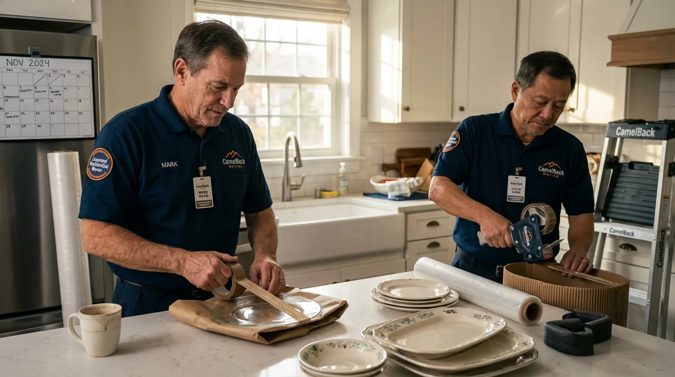 Professional crew packing kitchen dishware in Houghton, NY